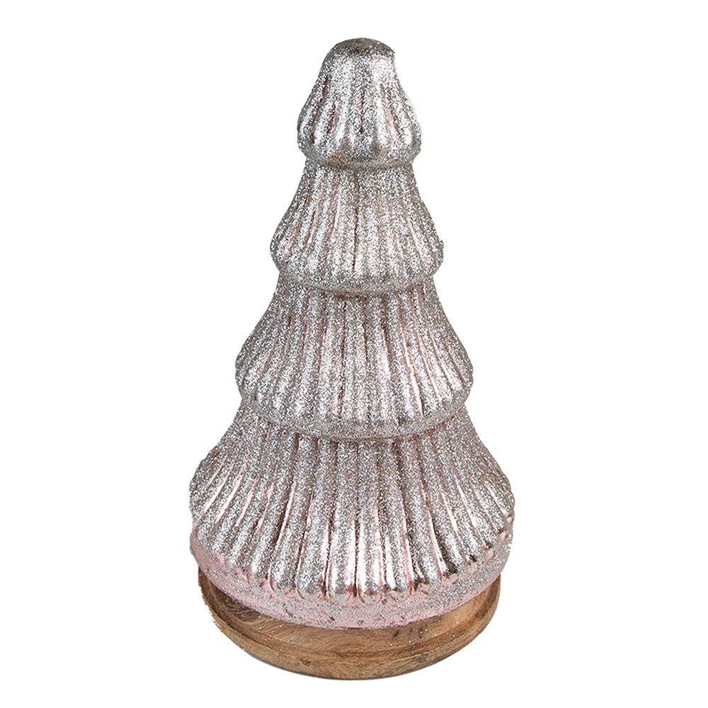 Stříbrný dekorační skleněný stromek na dřevěném podstavci - Ø 13*24 cm Clayre & Eef - LaHome - vintage dekorace