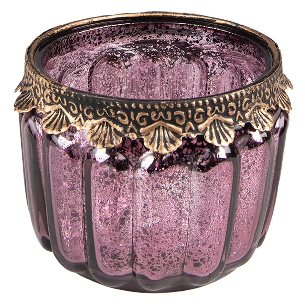 Fialový skleněný svícen na čajovou svíčku se zdobným okrajem - Ø10*8 cm Clayre & Eef - LaHome - vintage dekorace