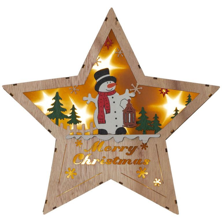 Dřevěná hvězda s motivem sněhuláka, 8 LED, teplá bílá - Kokiskashop.cz