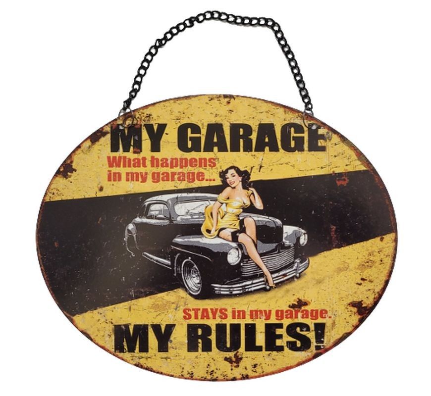 Závěsná žlutá kovová cedule My Garage My Rules - 25*20 cm Ostatní - LaHome - vintage dekorace
