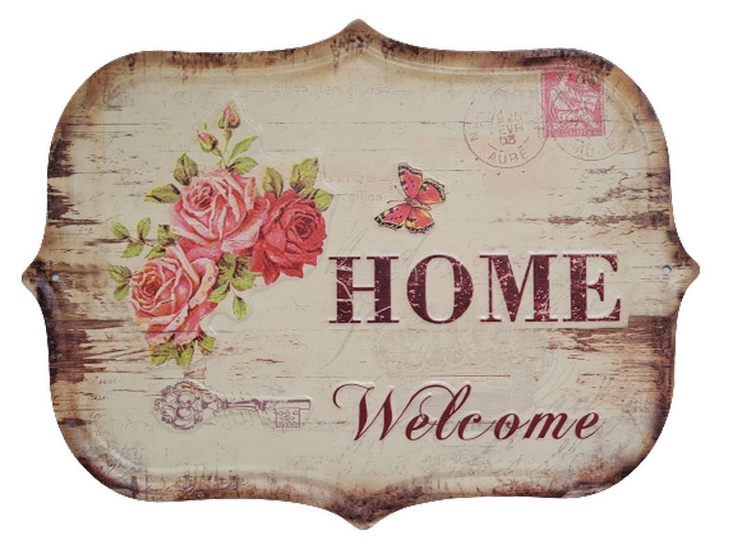 Nástěnná kovová cedule s růžemi Welcome Home - 33*25 cm Ostatní - LaHome - vintage dekorace