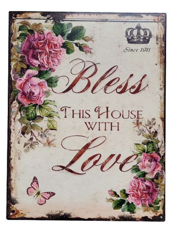 Nástěnná kovová cedule s růžemi Bless this house with Love - 25*33 cm Ostatní - LaHome - vintage dekorace