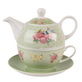 Zelený porcelánový Tea for One s květy a ptáčkem Cheerful Birdie - 16*15*14cm/ 460ml Clayre & Eef