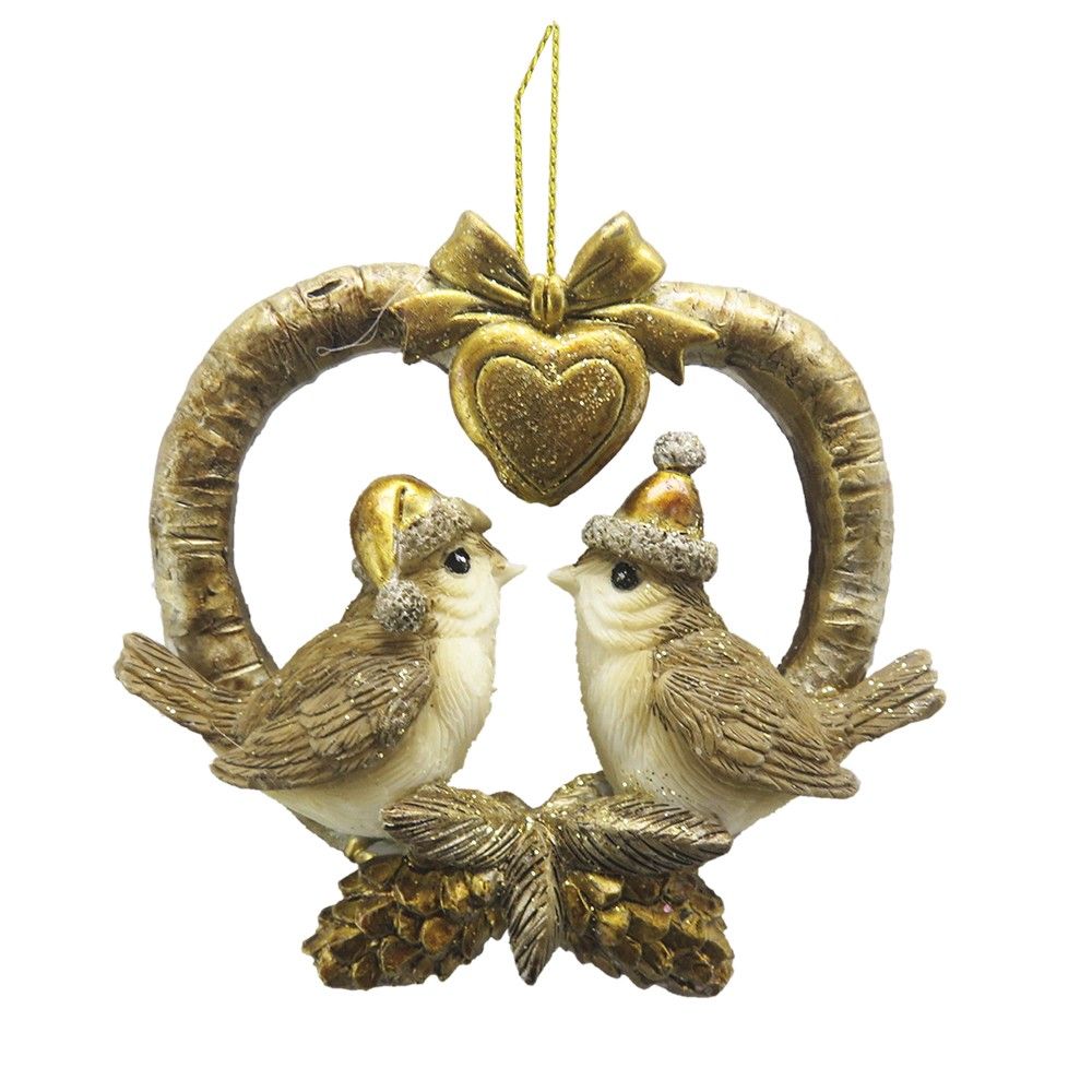 Zlatá antik závěsná dekorace ptáčci v srdci - 8*2*8 cm Clayre & Eef - LaHome - vintage dekorace