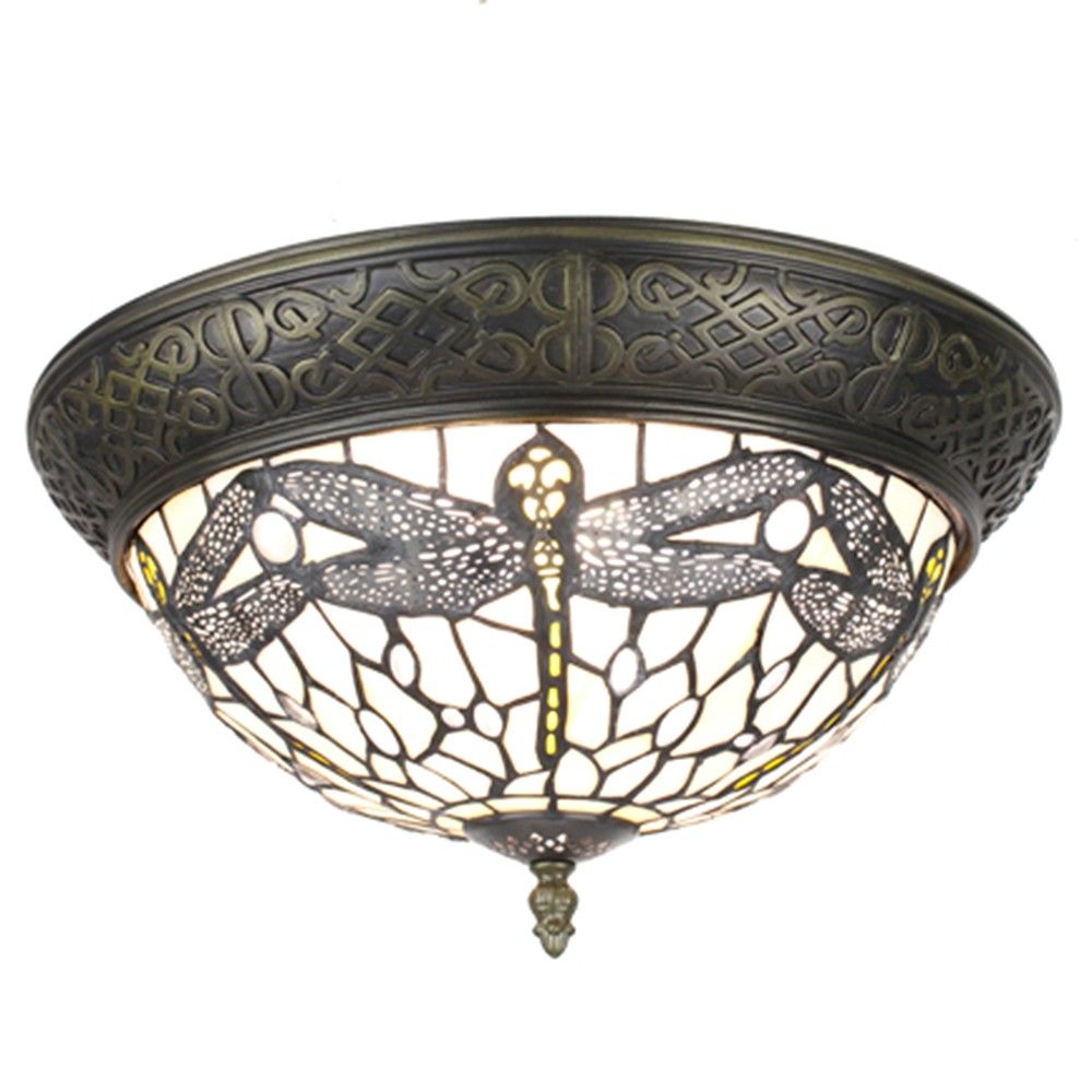Bílé stropní Tiffany světlo s vážkami Dragonfly - Ø 38*20 cm E14/max 2*25W Clayre & Eef - LaHome - vintage dekorace