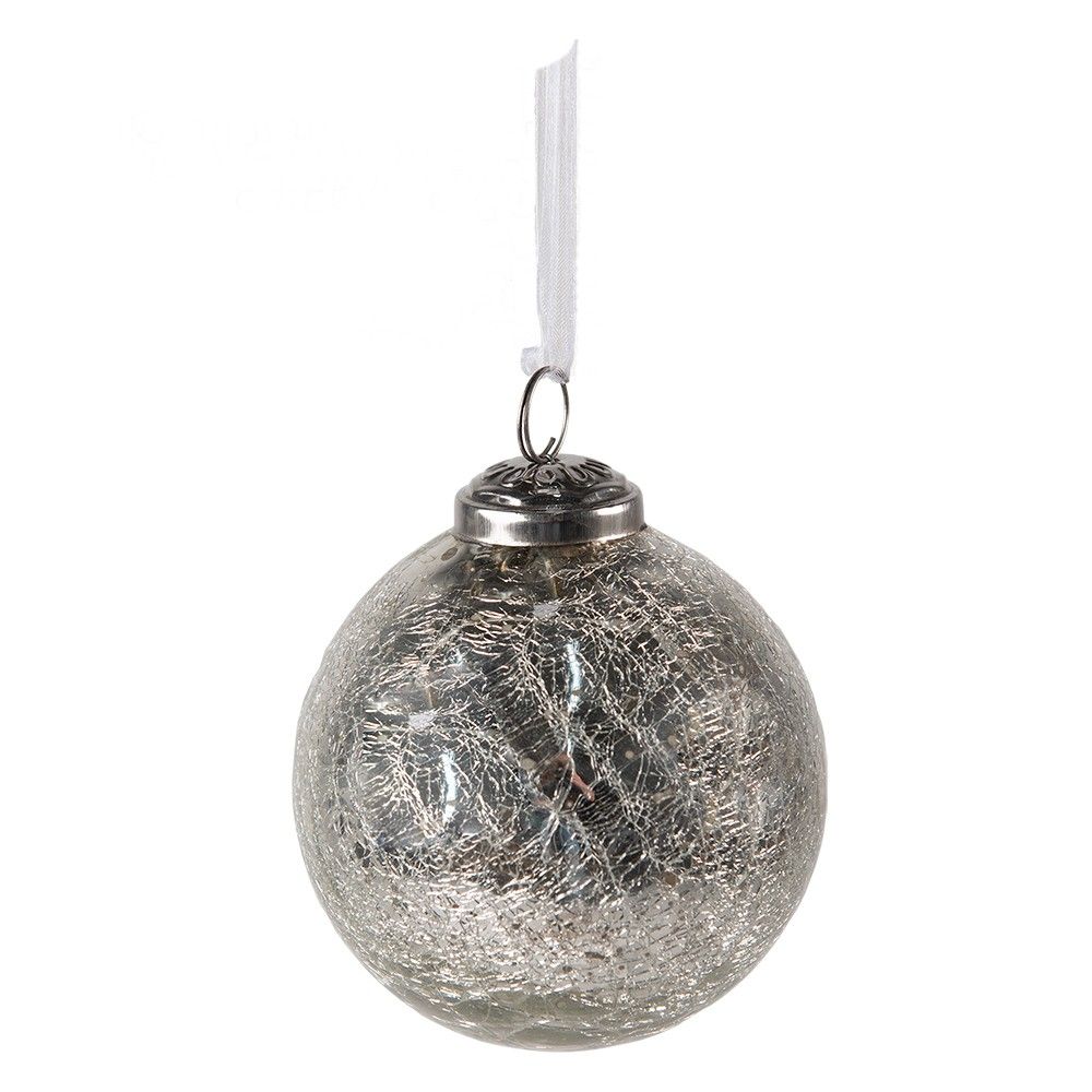 Stříbrná vánoční skleněná ozdoba koule s popraskanou strukturou - Ø 9*10 cm Clayre & Eef - LaHome - vintage dekorace