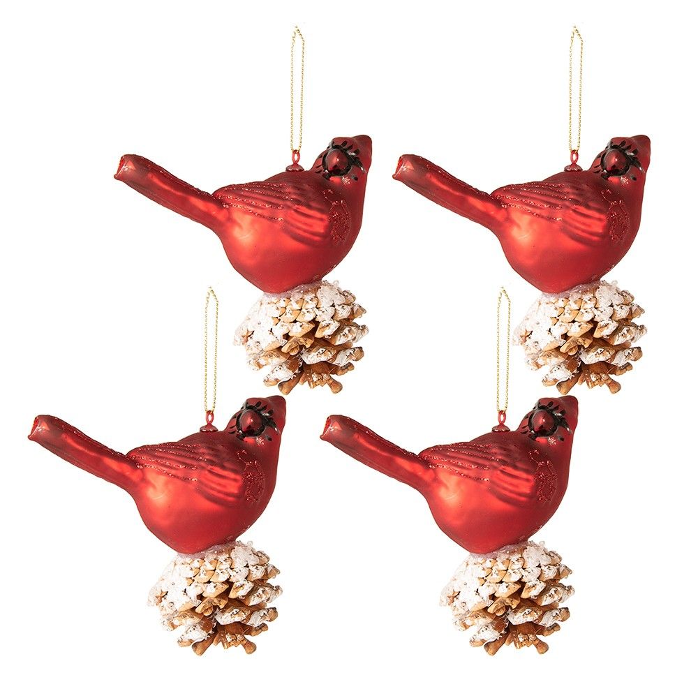 4ks červená vánoční ozdoba ptáček na šišce - 11*11 cm  Clayre & Eef - LaHome - vintage dekorace
