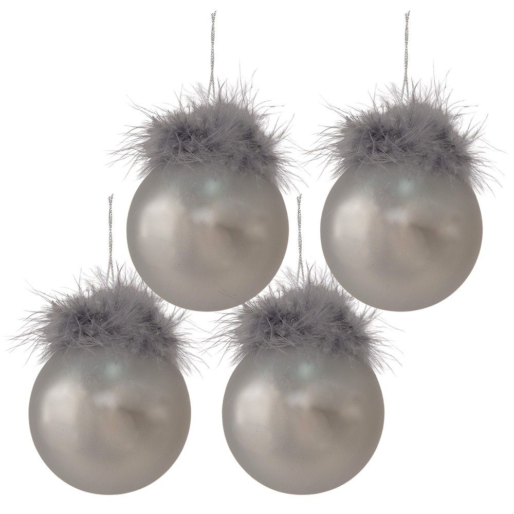 4ks stříbrná vánoční ozdoba koule s peříčky - Ø 8 cm Clayre & Eef - LaHome - vintage dekorace