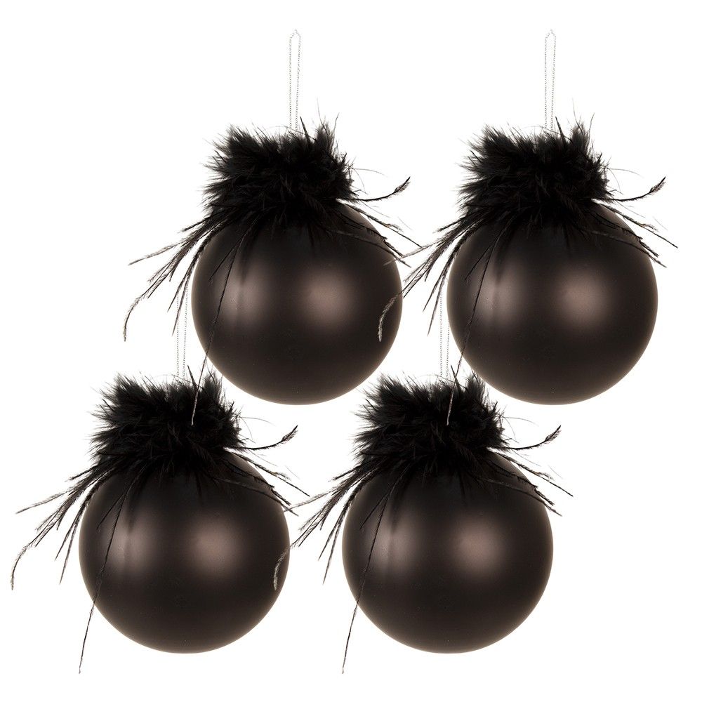 4ks černá vánoční ozdoba koule s peříčky - Ø 8 cm Clayre & Eef - LaHome - vintage dekorace