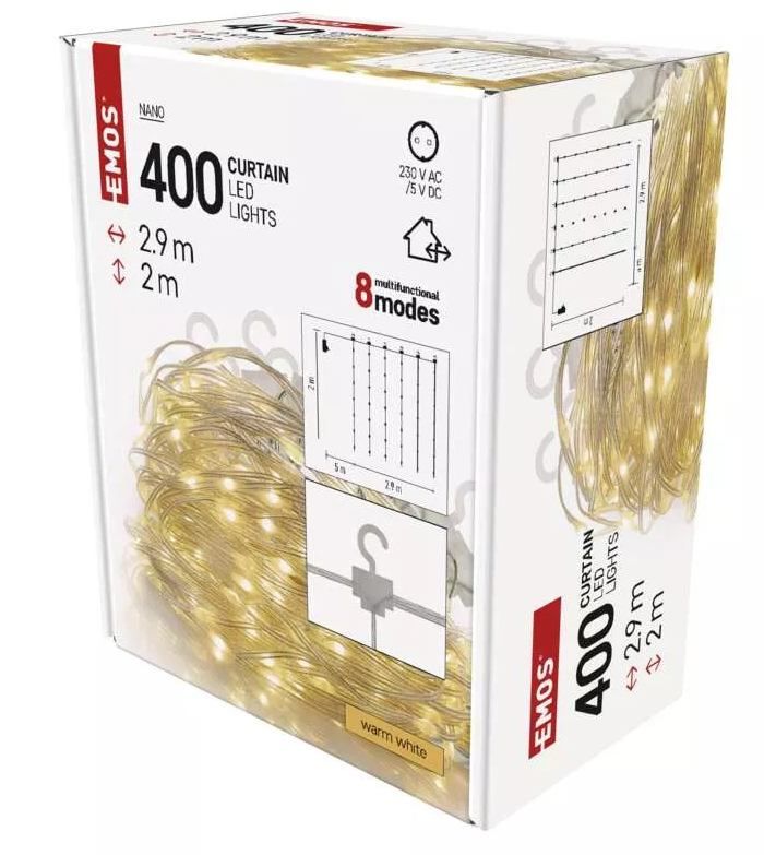 D3EW04 EMOS NANO dekorační řetěz - záclona 400 LED 2,9x2m transparentní drát, teplá bílá, 8 módů, IP44 - Svítidla FEIM