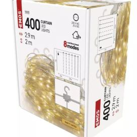 D3EW04 EMOS NANO dekorační řetěz - záclona 400 LED 2,9x2m transparentní drát, teplá bílá, 8 módů, IP44