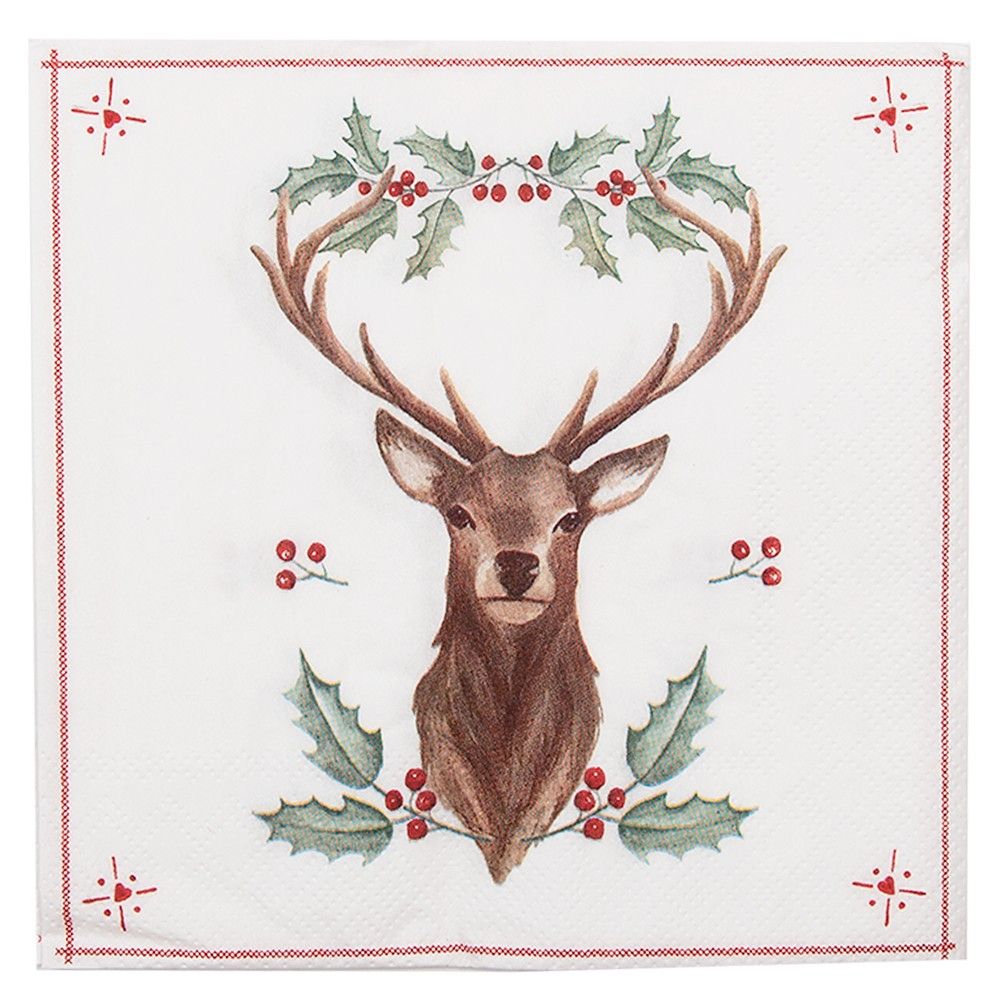Papírové ubrousky s jelenem a cesmínou Holly Christmas - 33*33 cm (20ks) Clayre & Eef - LaHome - vintage dekorace