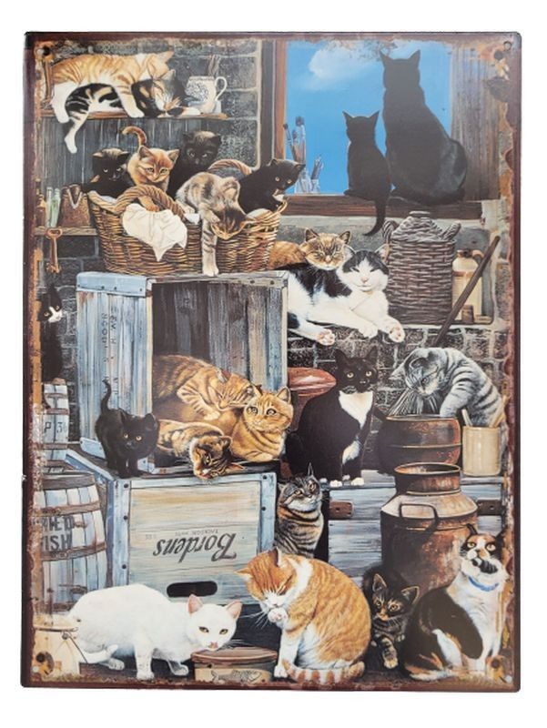 Černá antik nástěnná kovová cedule s kočkami - 25*33 cm Ostatní - LaHome - vintage dekorace