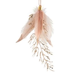 Závěsná ozdoba větvička se zlatými glitry a růžovými peříčky - 8*2*18 cm J-Line by Jolipa