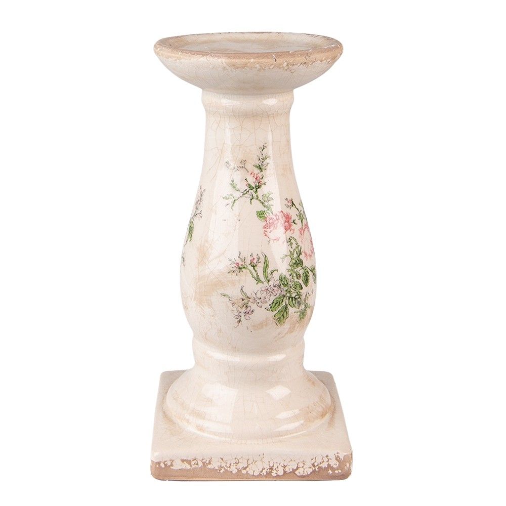 Béžový keramický svícen s růžemi Rossia - Ø12*24 cm Clayre & Eef - LaHome - vintage dekorace