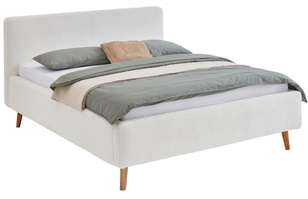 Bílá látková bouclé dvoulůžková postel Meise Möbel Mattis 140 x 200 cm s úložným prostorem - Designovynabytek.cz