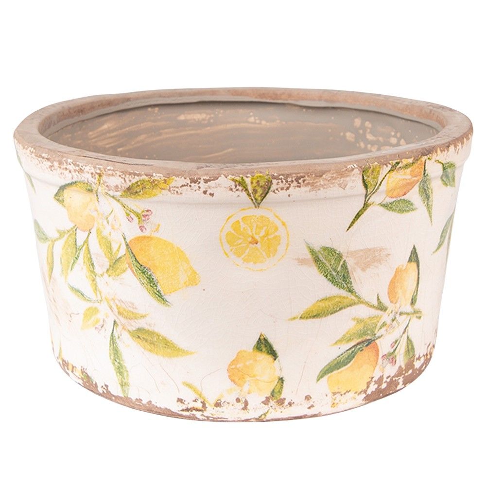 Béžový keramický obal na květináč s citróny Lemonio M - Ø16*9 cm Clayre & Eef - LaHome - vintage dekorace