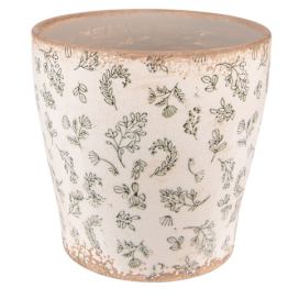 Béžový antik keramický obal na květináč se zelenými květy L - Ø 17*16 cm Clayre & Eef