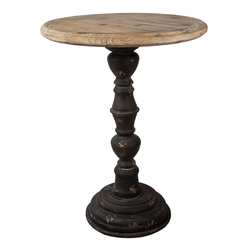 Tmavě hnědý kovový odkládací stolek s dřevěnou deskou - Ø 57*75 cm Clayre & Eef - LaHome - vintage dekorace