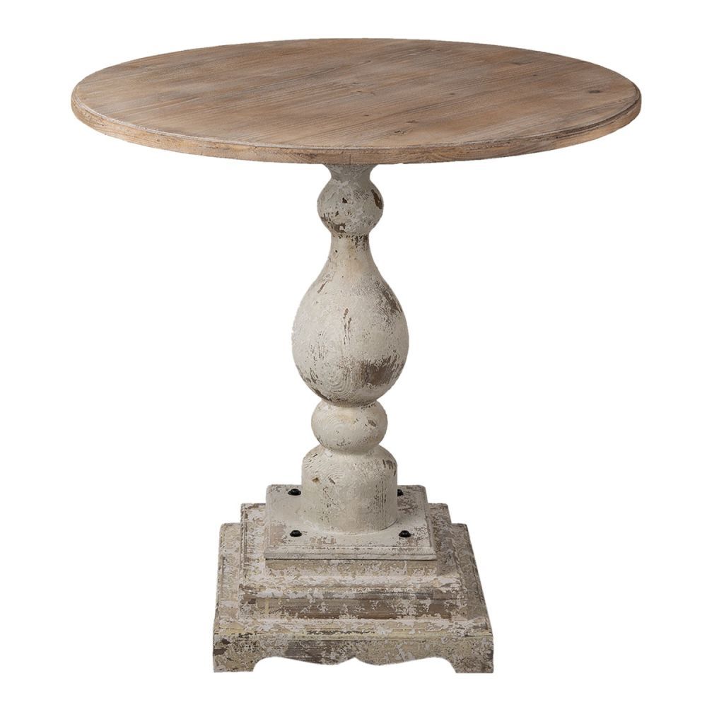 Bílo hnědý dřevěný odkládací stolek s vyřezávanou nohou - Ø 80*82 cm Clayre & Eef - LaHome - vintage dekorace