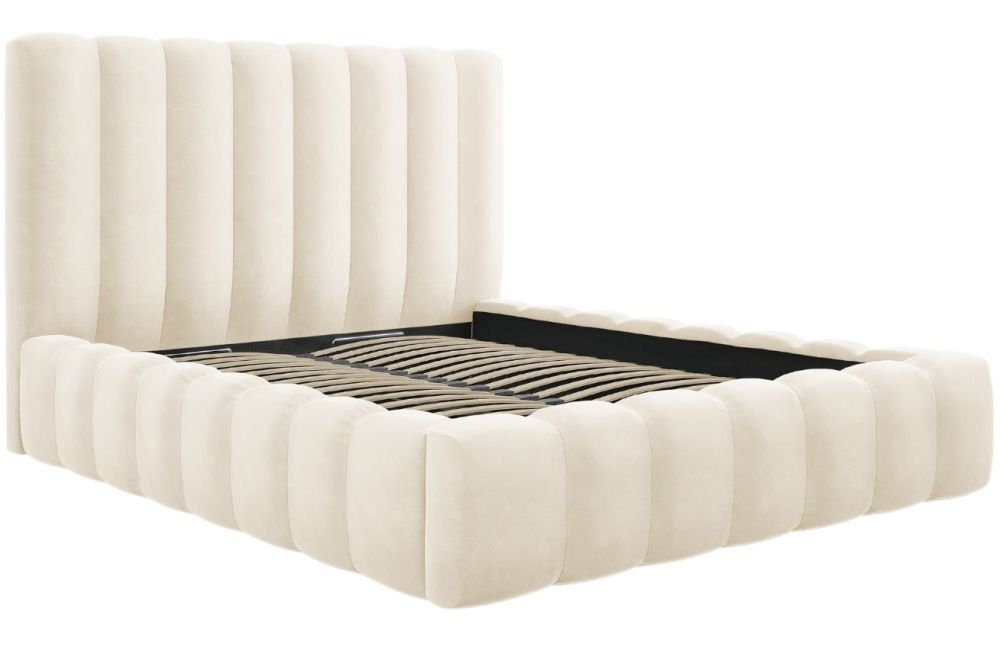 Béžová sametová dvoulůžková postel MICADONI Kelp 160 x 200 cm s úložným prostorem - Designovynabytek.cz