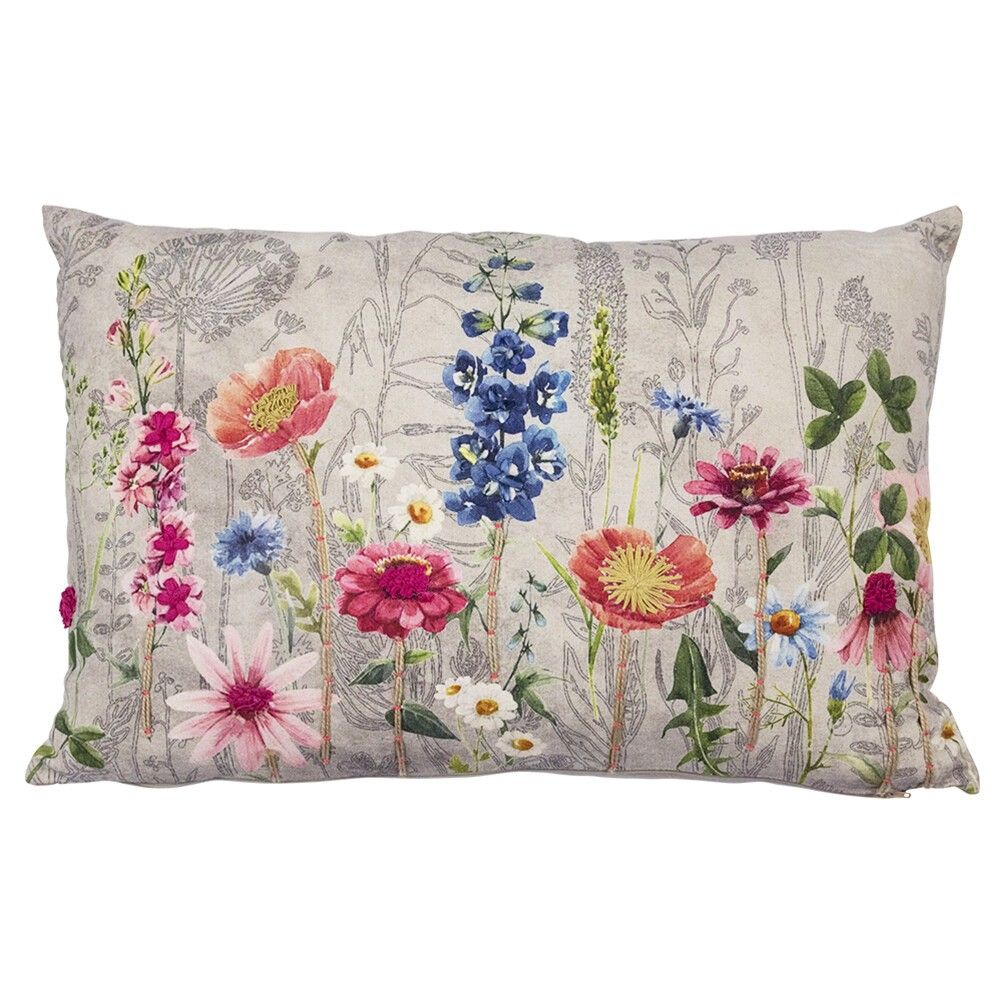 Béžový polštář rozkvetlá louka Flowers Poppy s výšivkou - 40*60*15cm Mars & More - LaHome - vintage dekorace