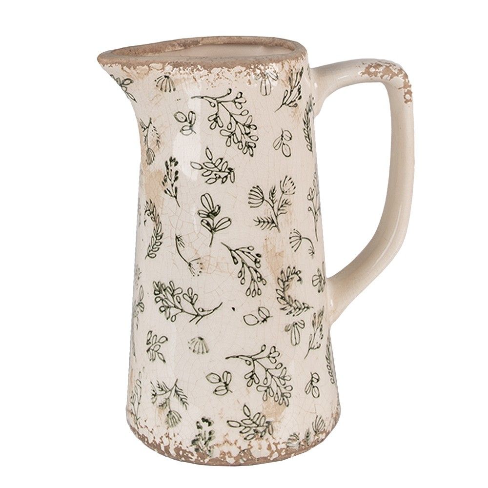 Béžový antik keramický džbán se zelenými květy - 15*10*19 cm Clayre & Eef - LaHome - vintage dekorace
