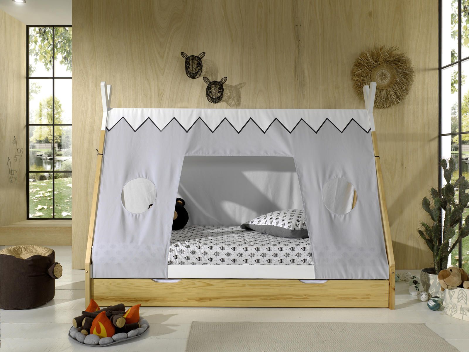 Aldo Domečková postel s přistýlkou přírodní a látkou Vigi - Nábytek ALDO
