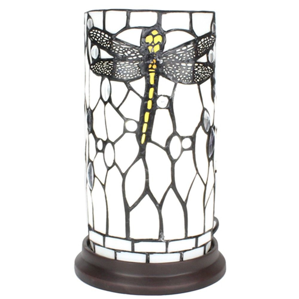 Bílá válcovitá stolní lampa Tiffany s vážkou DragonFly - Ø 15*26 cm E14/max 1*40W Clayre & Eef - LaHome - vintage dekorace
