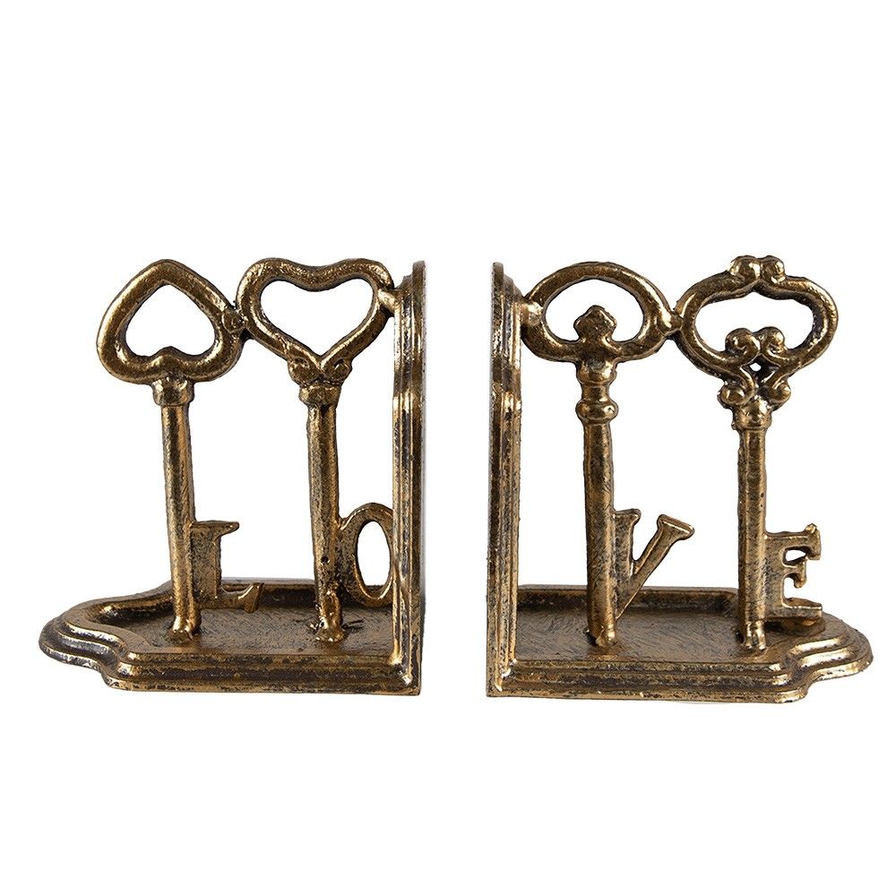 Set 2ks zlatá antik zarážka na knihy klíče Love - 23*8*13 cm Clayre & Eef - LaHome - vintage dekorace
