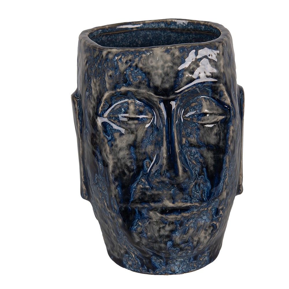 Modrý keramický obal na květináč/ váza s obličejem Blue Dotty M - 13*15*17 cm Clayre & Eef - LaHome - vintage dekorace