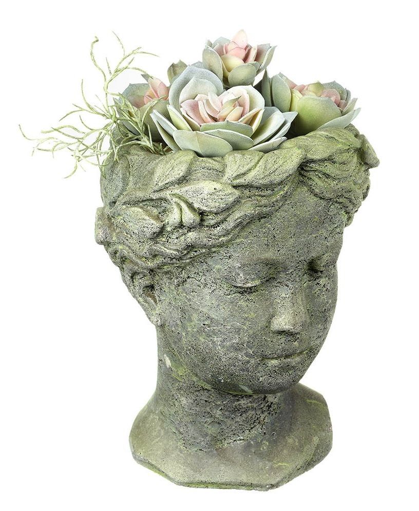 Šedo-zelený antik cementový květináč hlava ženy - 15*15*25 cm Parlane - LaHome - vintage dekorace