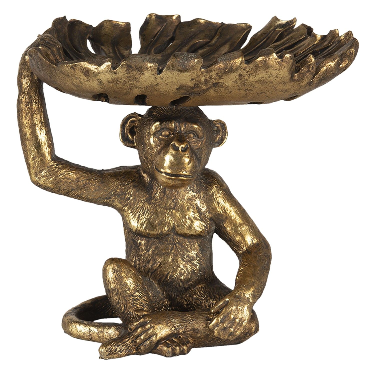 Zlatá dekorativní soška opice s podnosem ve tvaru listu - 21*17*19 cm Clayre & Eef - LaHome - vintage dekorace