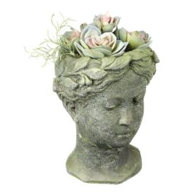 Šedo-zelený antik cementový květináč hlava ženy - 15*15*25 cm Parlane