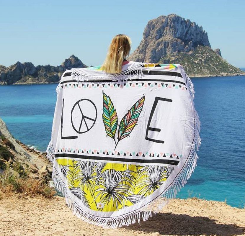 Bílý kulatý plážový bavlněný ručník s třásněmi Love - Ø180 cm Mycha Ibiza new - LaHome - vintage dekorace