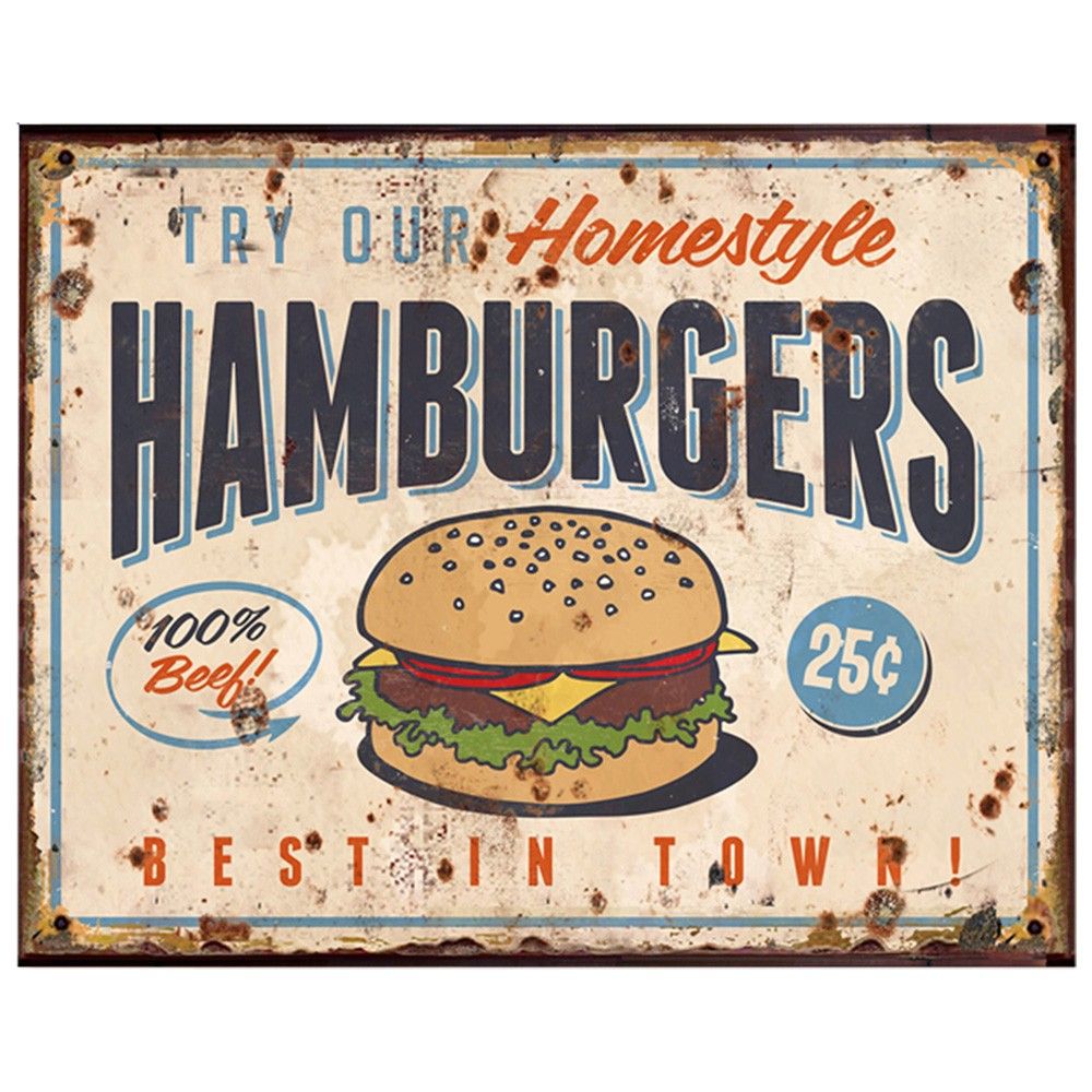 Béžová antik nástěnná kovová cedule Hamburgers - 25*1*20 cm Clayre & Eef - LaHome - vintage dekorace