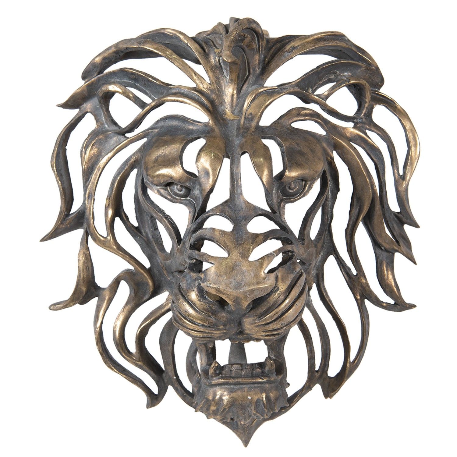 Zlatá nástěnná dekorativní hlava lva s patinou - 42*23*46 cm Clayre & Eef - LaHome - vintage dekorace