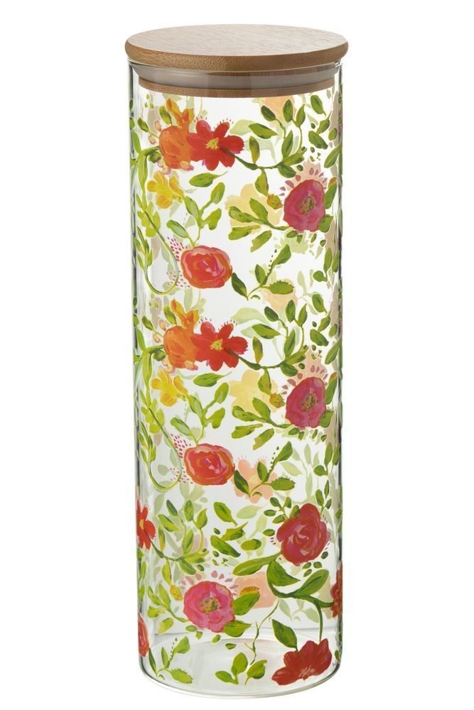 Skleněná dóza na potraviny s dřevěným víčkem a květy  Floral glass - Ø10*30cm / 1900ml J-Line by Jolipa - LaHome - vintage dekorace