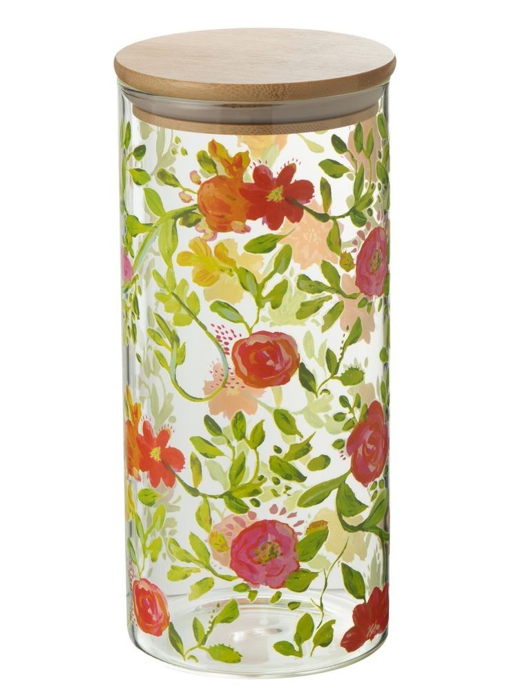 Skleněná dóza na potraviny s dřevěným víčkem a květy  Floral glass - Ø10*23cm / 1400ml J-Line by Jolipa - LaHome - vintage dekorace