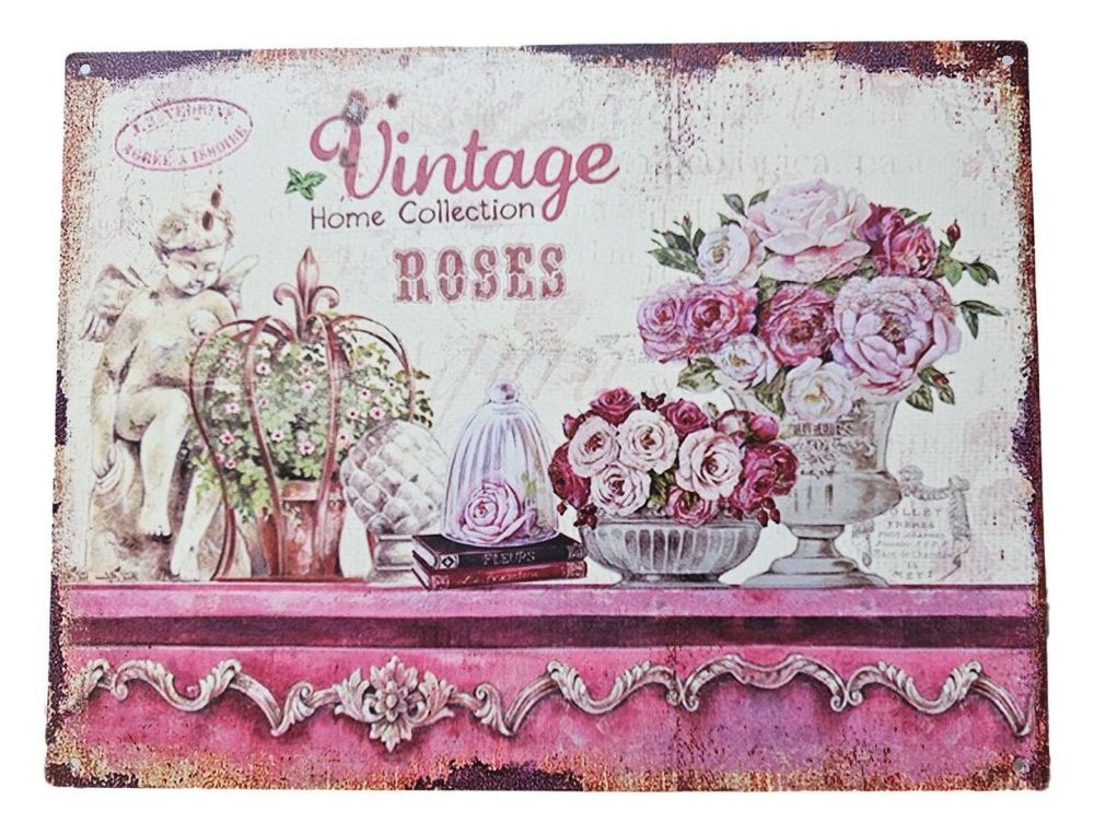 Růžová nástěnná kovová cedule s růžemi Vintage Roses - 33*25 cm Ostatní - LaHome - vintage dekorace