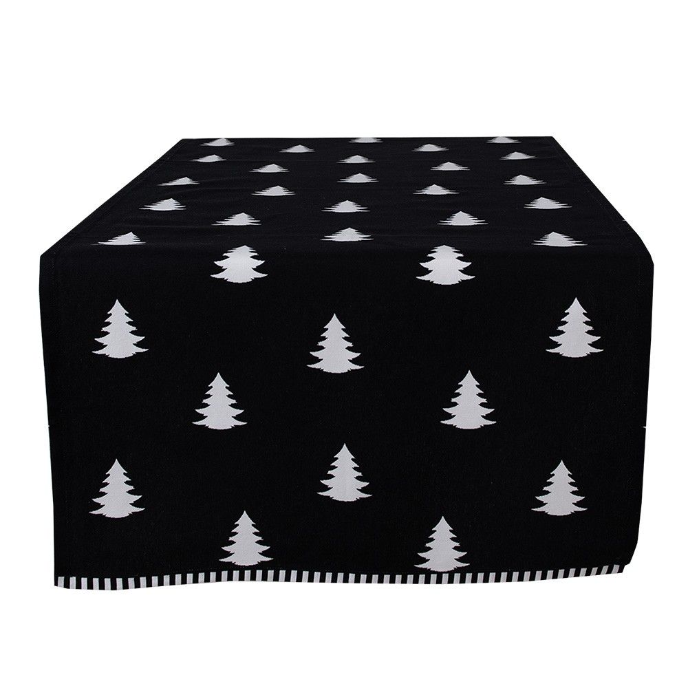 Černý bavlněný běhoun na stůl se stromky Black&White X-Mas - 50*140 cm Clayre & Eef - LaHome - vintage dekorace