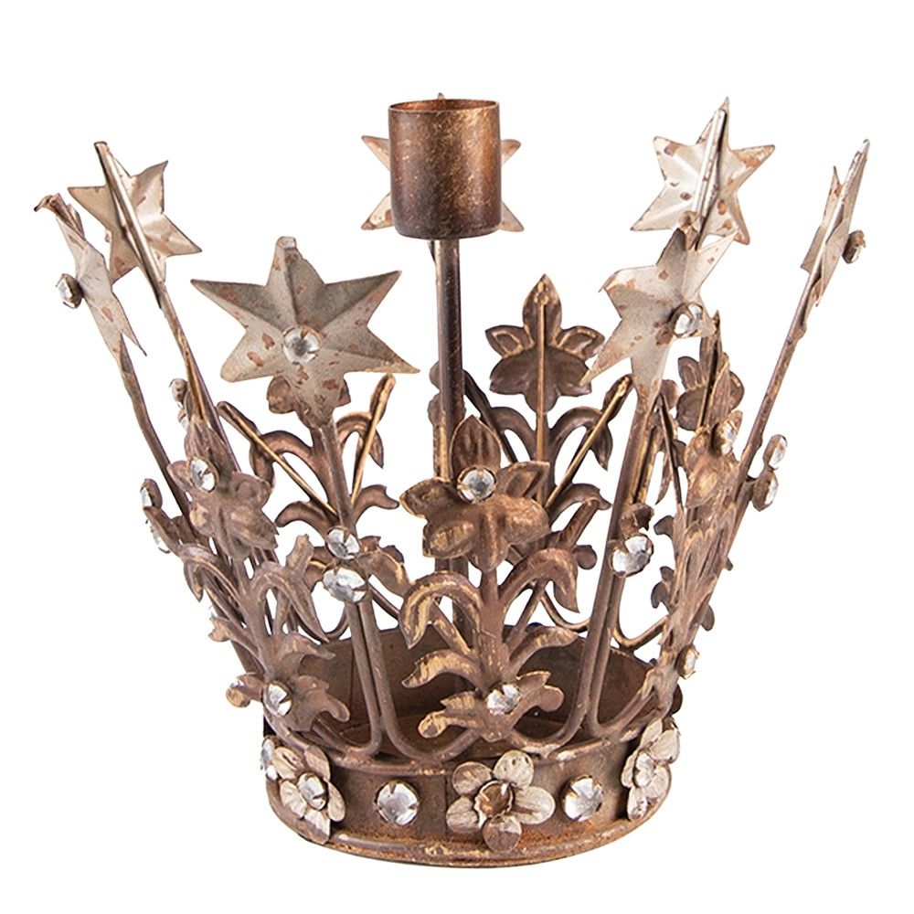 Měděno - hnědý antik kovový svícen koruna Crown s kamínky - Ø 17*15 cm Clayre & Eef - LaHome - vintage dekorace