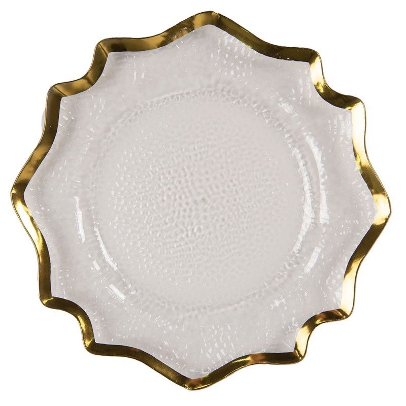 Transparentní servírovací talíř s vlnitým zlatým okrajem - Ø 33*1 cm Clayre & Eef - LaHome - vintage dekorace