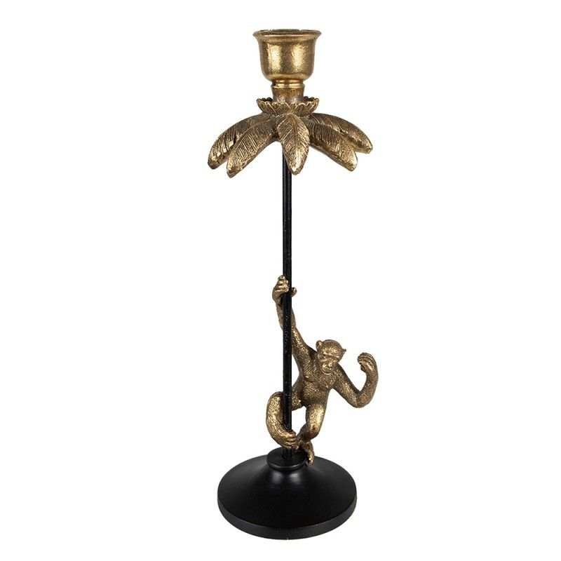 Černo - zlatý antik svícen ve tvaru palmy s opičkou Monkey - 12*11*32 cm Clayre & Eef - LaHome - vintage dekorace