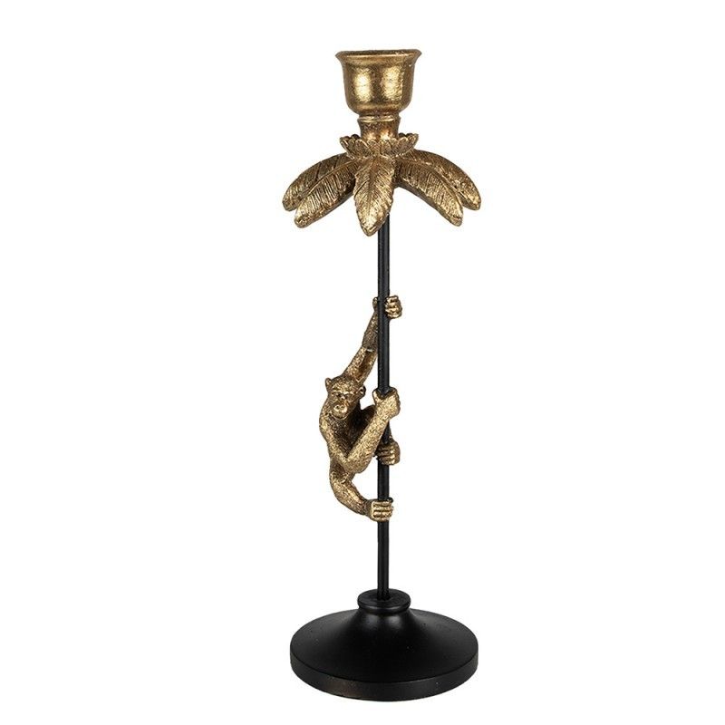 Černo - zlatý antik svícen ve tvaru palmy s opičkou Monkey - Ø 11*32 cm Clayre & Eef - LaHome - vintage dekorace