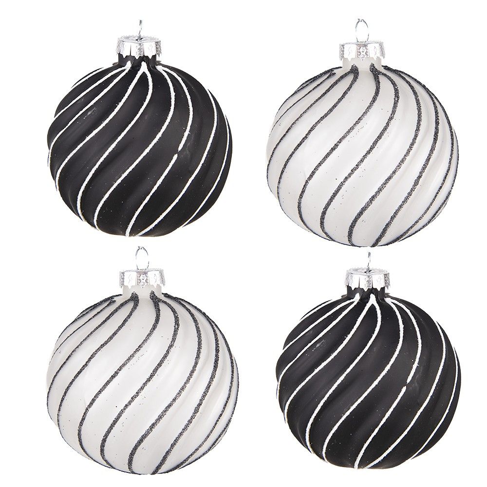 Sada 4ks bílá & černá vánoční skleněná ozdoba - Ø 8*8 cm Clayre & Eef - LaHome - vintage dekorace