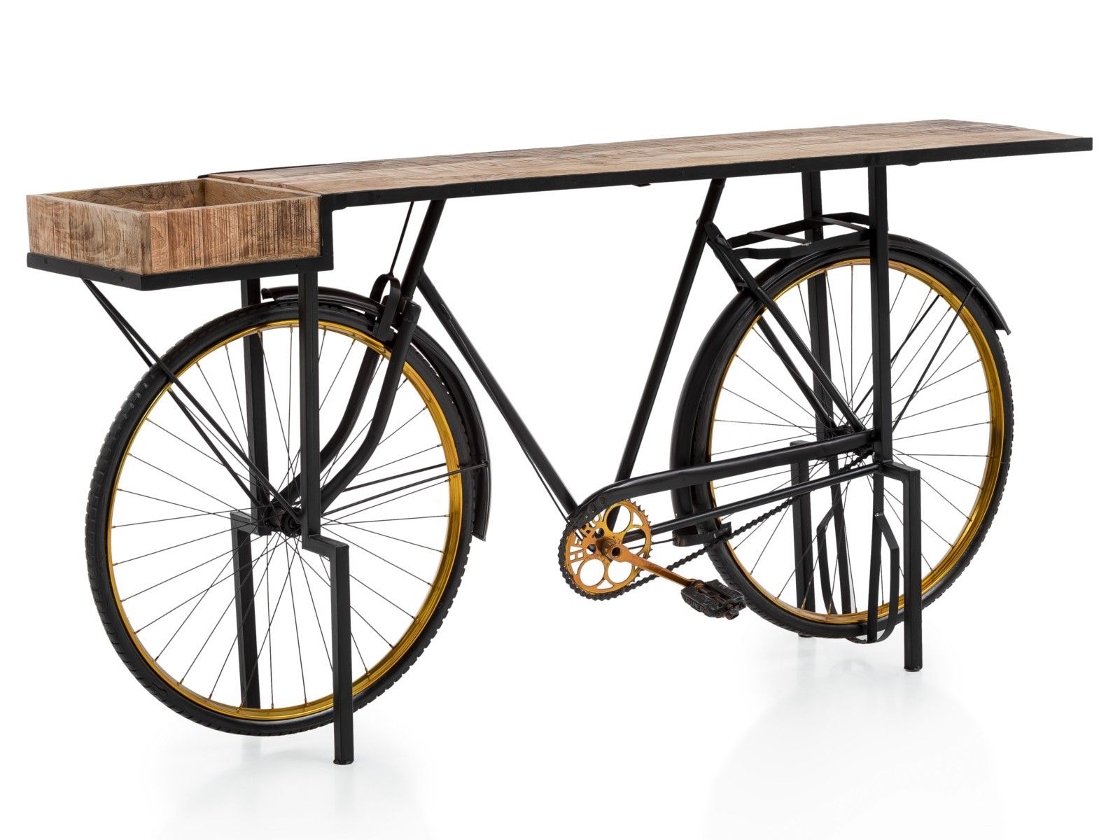 Černý kovový konzolový stolek kolo s dřevěnou deskou Bike - 185*45*90cm Massivum - LaHome - vintage dekorace