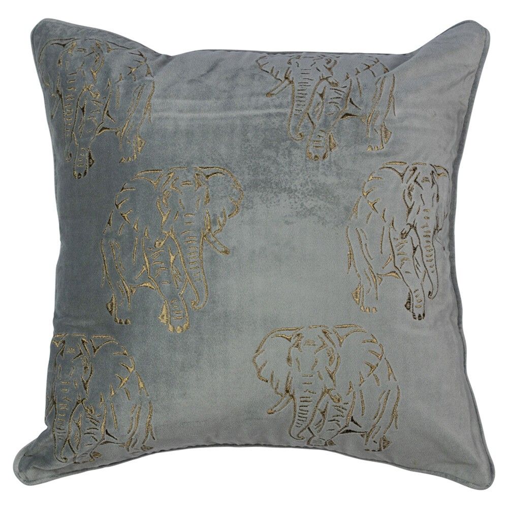 Šedý sametový polštář se zlatými slony - 45*45*16cm Mars & More - LaHome - vintage dekorace