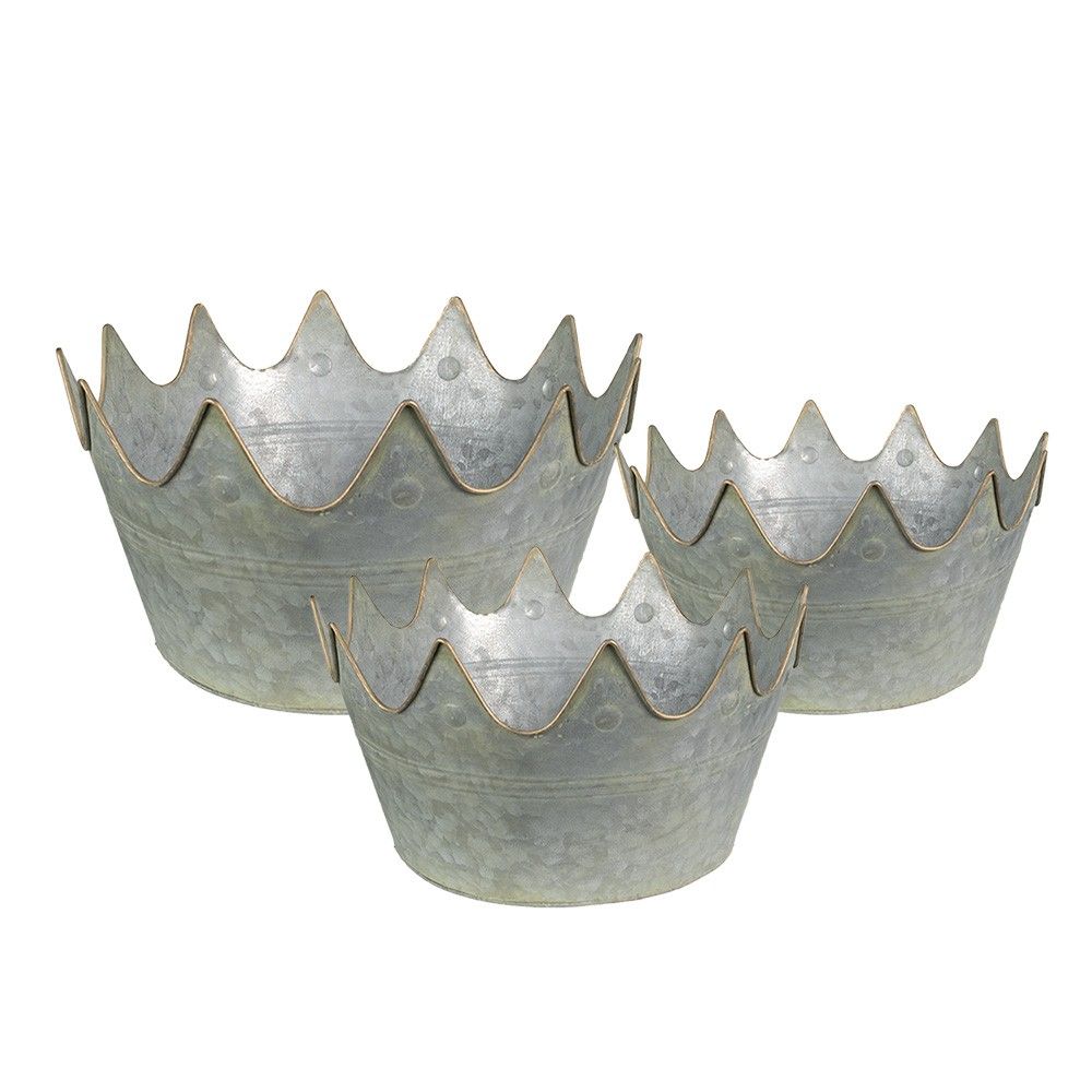 3ks zinkový plechový obal na květináč ve tvaru koruny - Ø 43*21 / Ø 40*20 / Ø 33*18 cm Clayre & Eef - LaHome - vintage dekorace