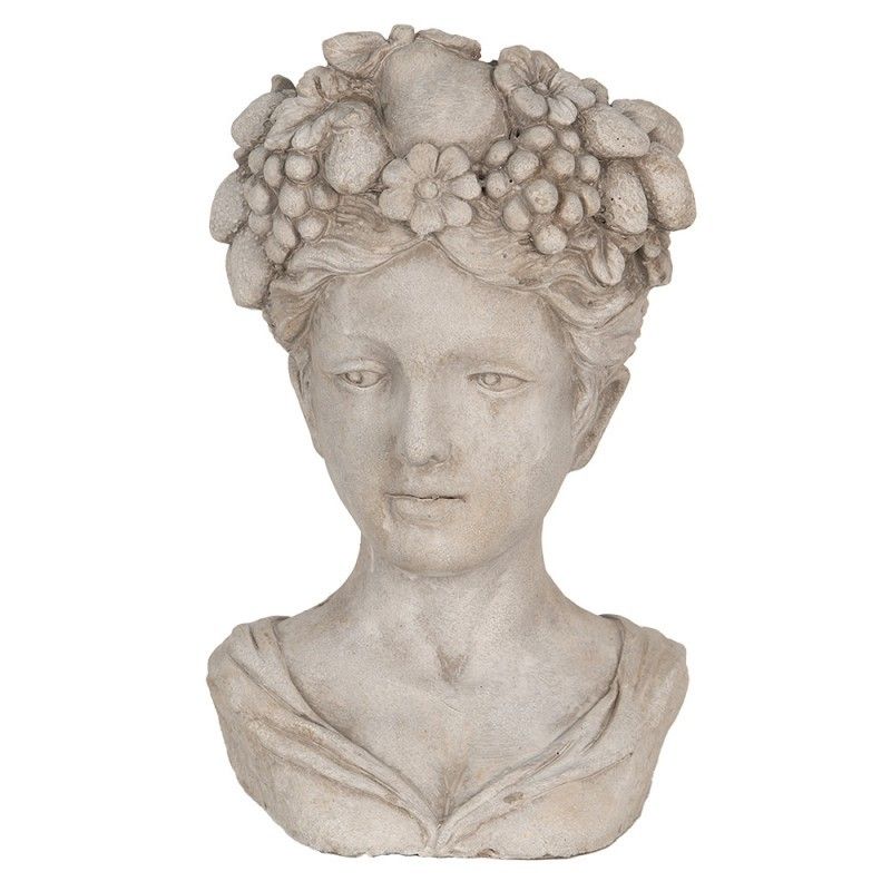 Šedý antik cementový květináč hlava ženy s květy - 22*21*35 cm Clayre & Eef - LaHome - vintage dekorace